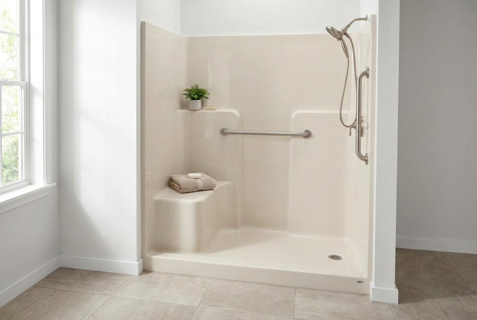 Accessible walk-in shower with grab bar, built-in seat and handheld shower in a bright bathroom