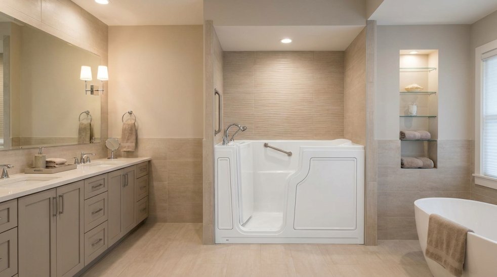 Modern bathroom with newly installed walk-in bathtub, vanity, mirror, and grab barï¿¼