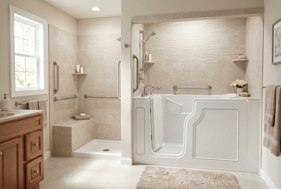 Accessible bathroom with walk-in tub and roll-in shower, grab bars, and beige tile finishes